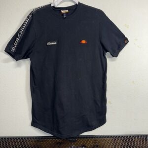 Ellesse Mens Black T-Shirt Large Logo Tape Sleeve Retro Streetwear Tee
